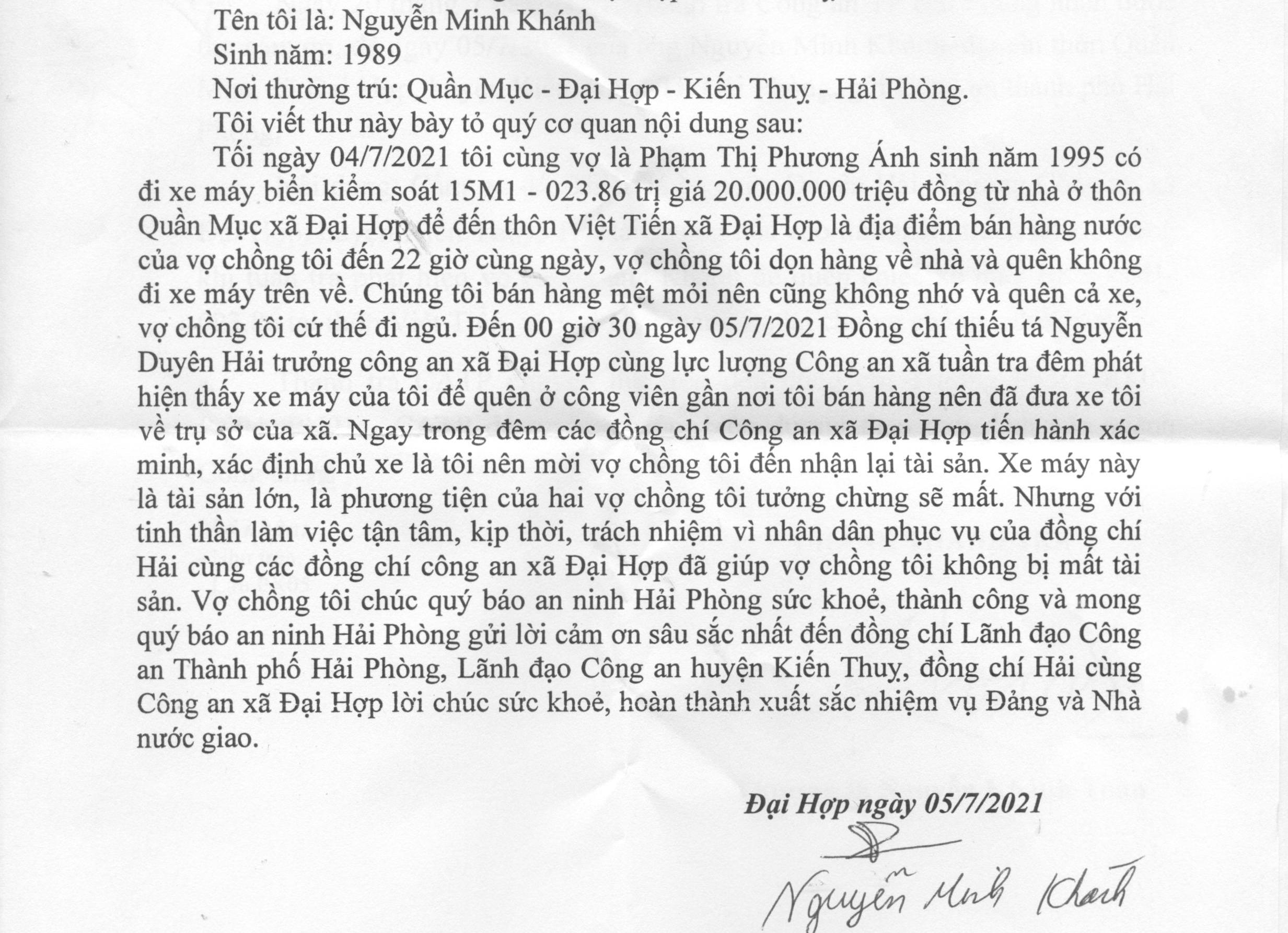 Anh Nguyễn Minh Khánh ở xã Đại Hợp, Kiến Thụy gửi thư cảm ơn